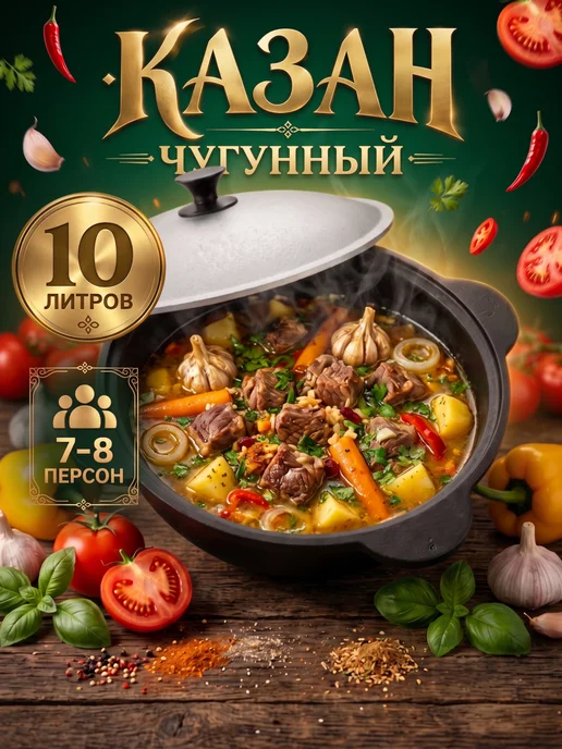 Казан чугунный с крышкой узбекский для плова 10 литров, черный