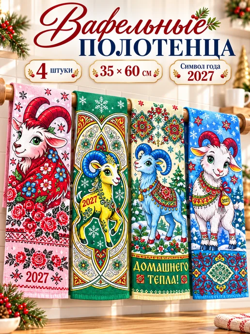 PANDORA HOME Вафельные полотенца на новый год 2026, 4 шт
