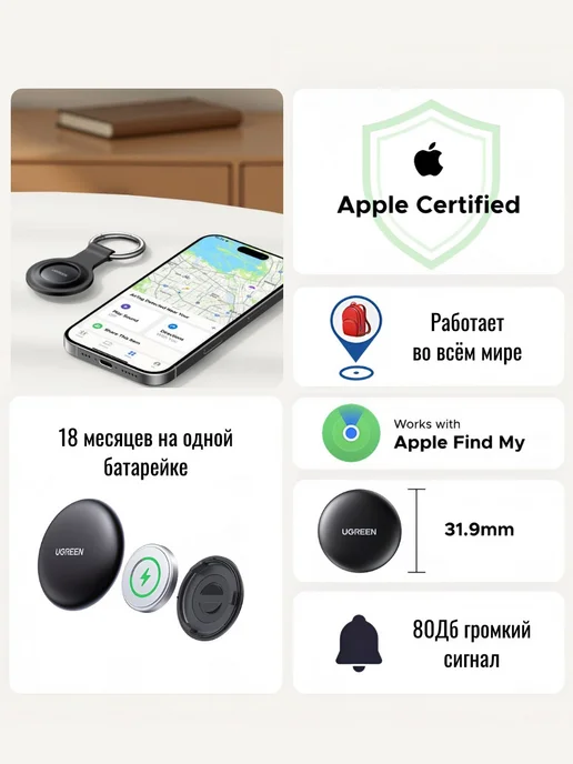 UGREEN Bluetooth трекер для поиска вещей CM520 (60387) для Apple, черный, фото 3