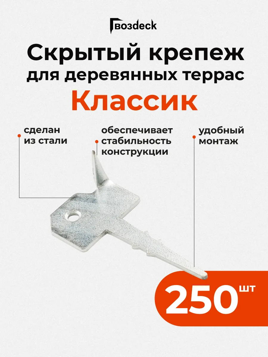Скрытый крепеж для террасной доски Гвоздек Классик, 250 шт