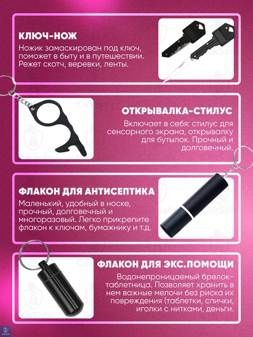 ClikSafe Брелок для самообороны 7 в 1, Черный, черный, фото 2