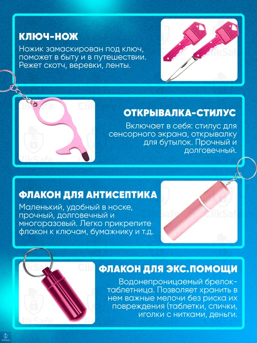ClikSafe Брелок для самообороны 7 в 1, Черный, розовый, фото 2