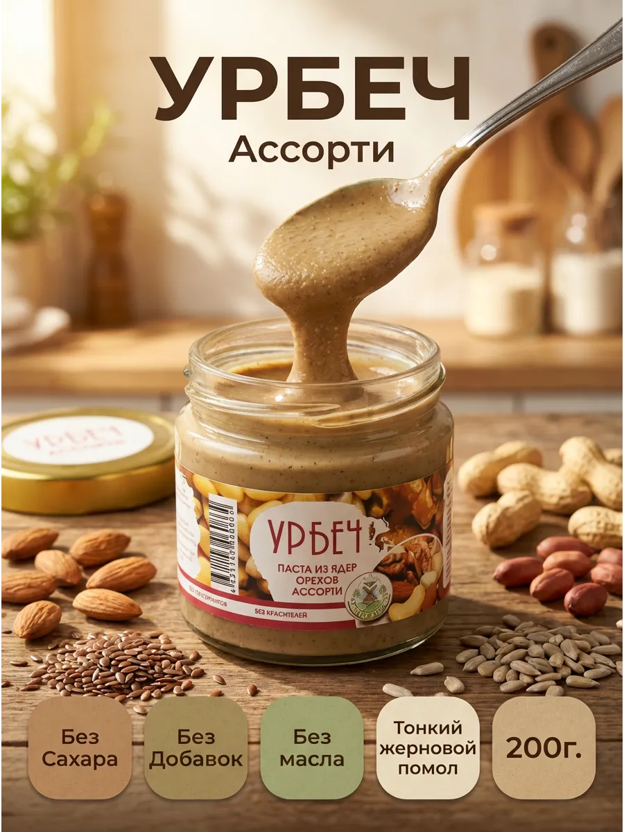 урбеч из ассорти орехов без сахара 200 г.