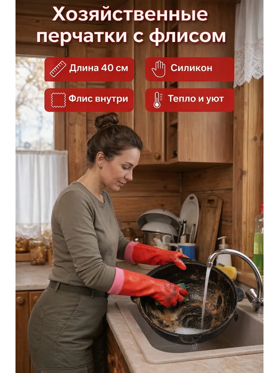 Резиновые перчатки хозяйственные с флисом