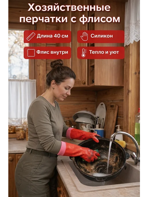 В дом и точка Резиновые перчатки хозяйственные с флисом, красный