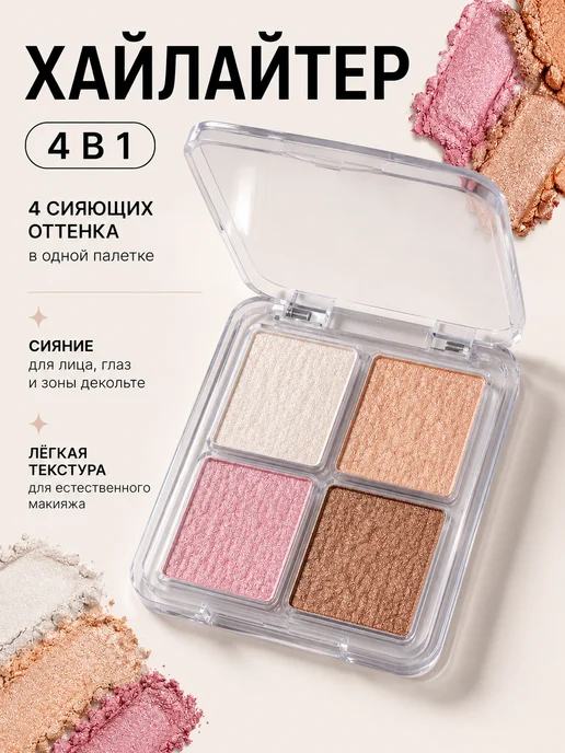 PrettyGirl Палетка хайлайтер для лица и век 4 в 1, вариант