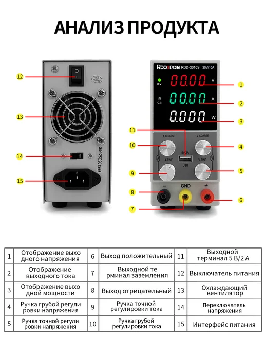 Rddspon Лабораторный блок питания 0-30B 0-10A, вариант, фото 6
