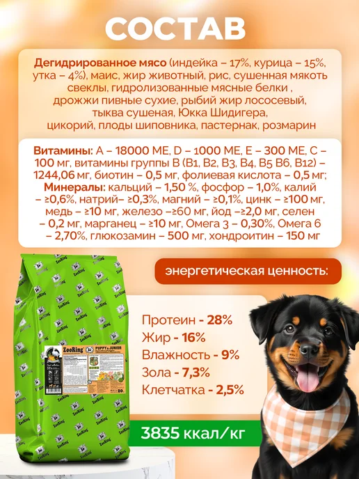 Сухой корм ZooRing Тыквой для собак, щенки, утка, 20 кг, фото 2