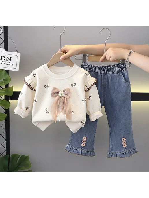 MimiKidd Костюм для девочки двойка комплект с джинсовыми брюками, вариант