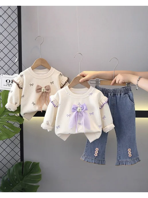 MimiKidd Костюм для девочки двойка комплект с джинсовыми брюками, вариант, фото 3
