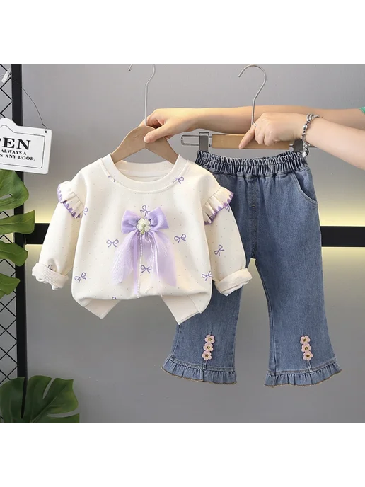 MimiKidd Костюм для девочки двойка комплект с джинсовыми брюками, фиолетовый