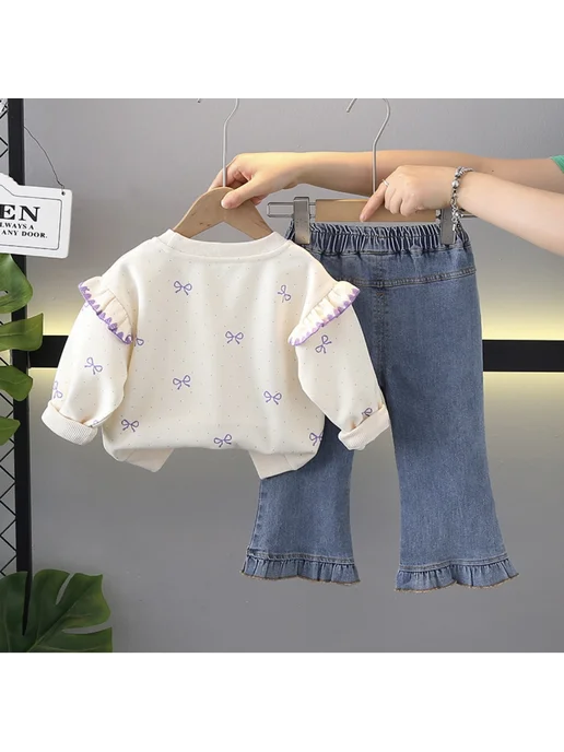 MimiKidd Костюм для девочки двойка комплект с джинсовыми брюками, фиолетовый, фото 2