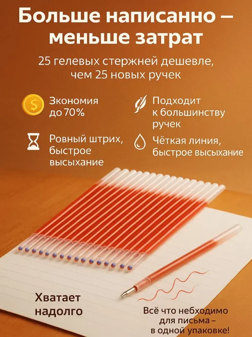 БудетНадо Стержни гелевые 25 шт. Красные. Для заметок и рисования, 25 шт