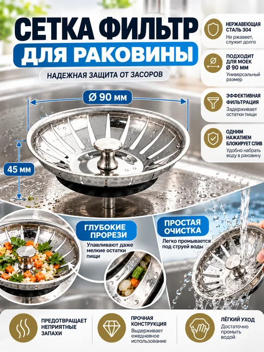 САНАКС Сеточка (СИТО) для раковины от засоров, серый
