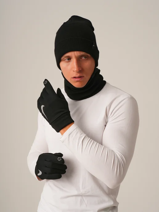 NIKE. Шапка зимняя демисезонная со снудом, черный, фото 3