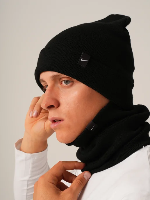 NIKE. Шапка зимняя демисезонная со снудом, черный, фото 7