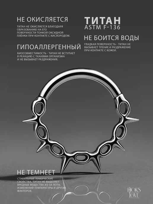 HOK'S LOVE Пирсинг кольцо лабрет титана серьга в ухо хеликс септум, титан, фото 3