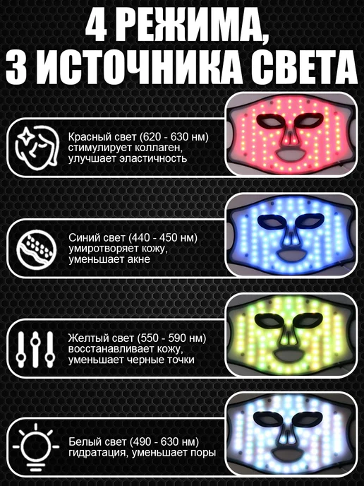 Led маска массажер для лица светодиодная красота, черный, фото 3