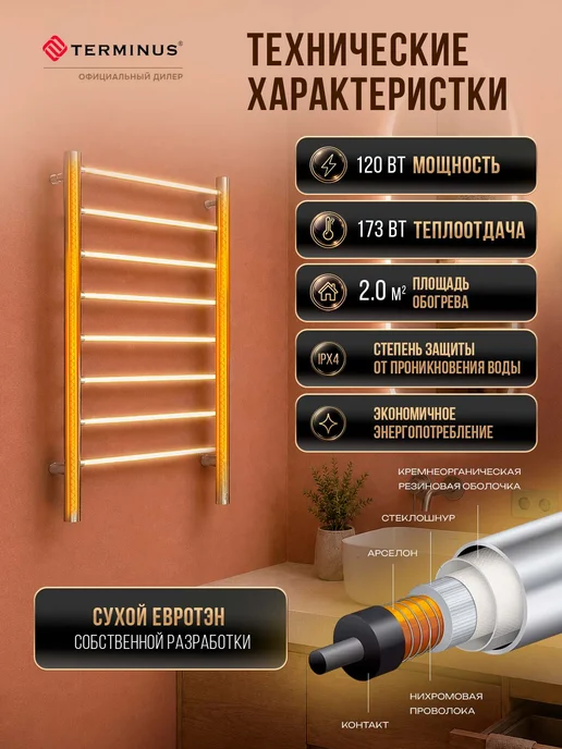 TERMINUS Полотенцесушитель электрический в ванную Аврора П8 500х850, 500x850, фото 5