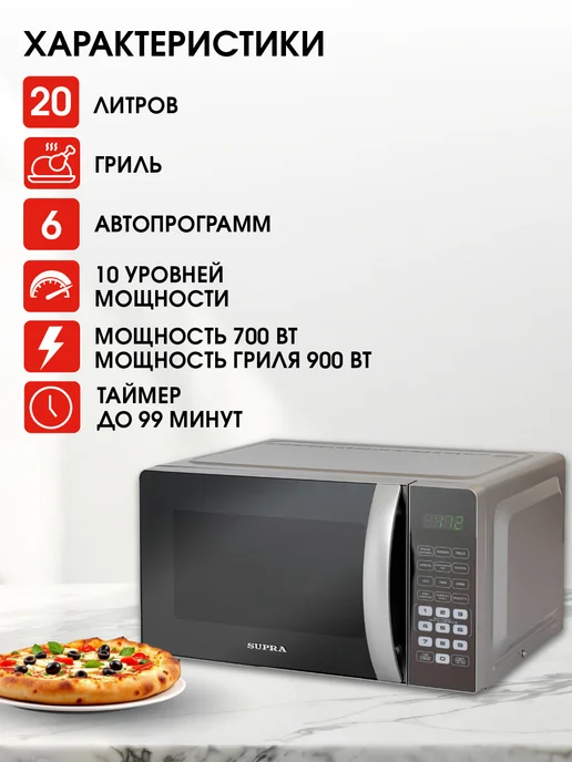 SUPRA Микроволновая печь, 6 автопрограмм, гриль Микроволновка, серый, фото 3