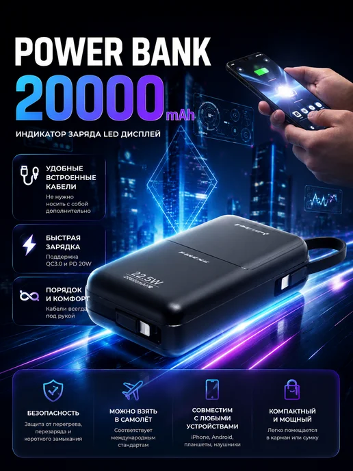 PINENG PRO Повербанк для зарядки смартфона 20000mAh, 20000 мАч, фото 2