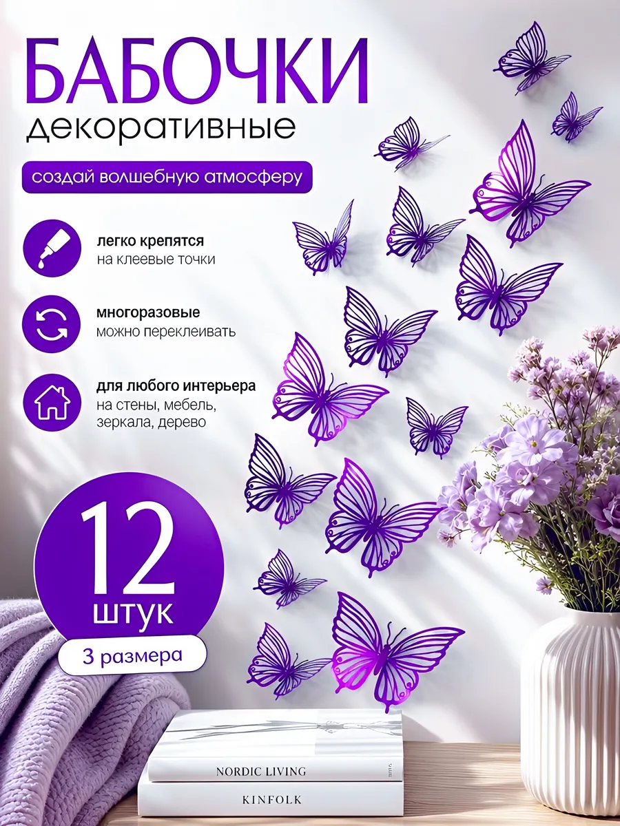 Наклейки бабочки декоративные на стену для украшения дома 3д