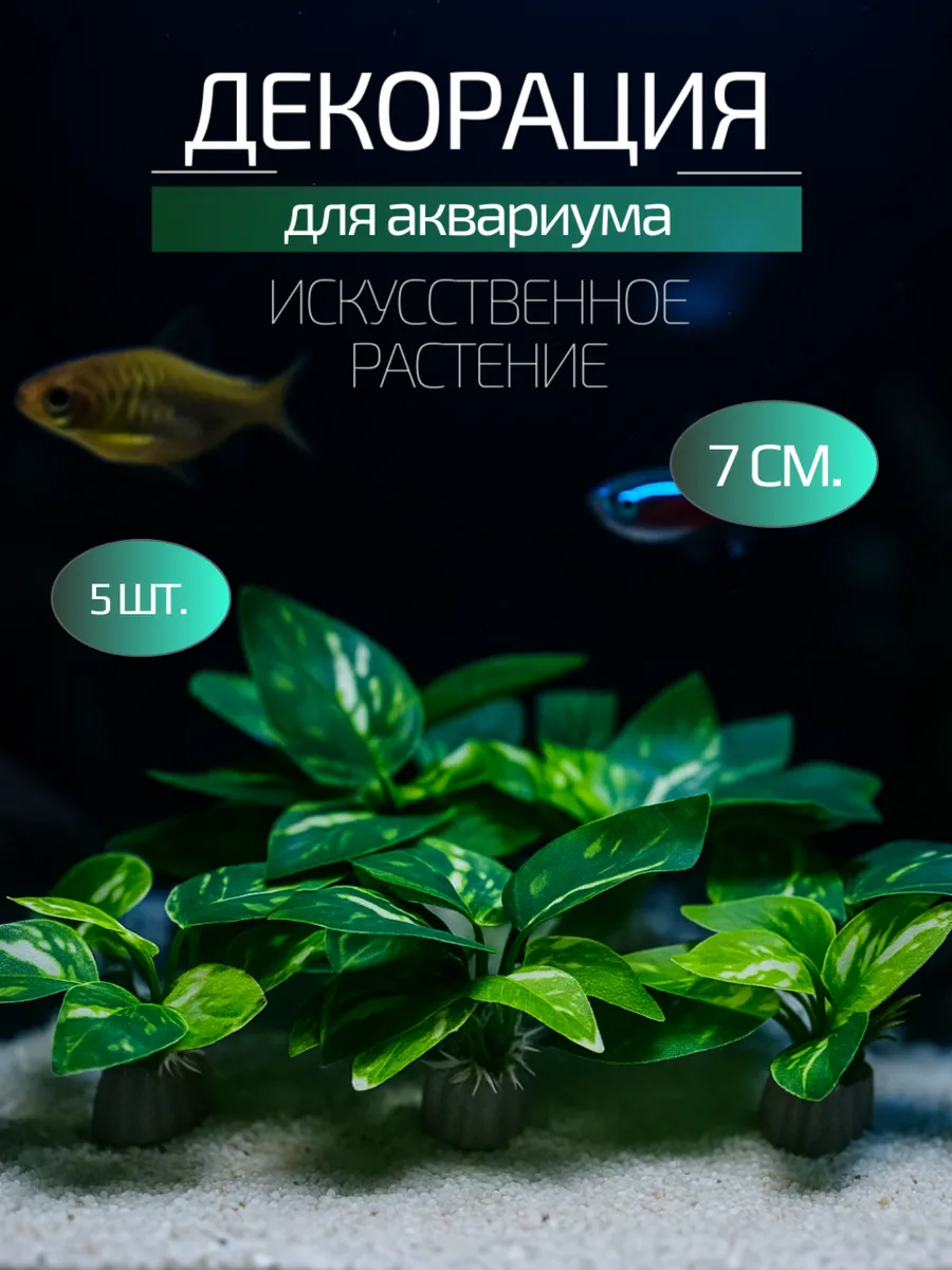5 искусственных растений 7 см. Декорация для аквариума