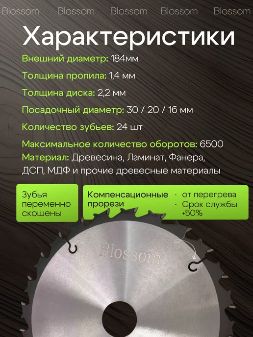 blosoom Диск пильный по дереву 184х30хZ24 ATB Blossom, серый, фото 2