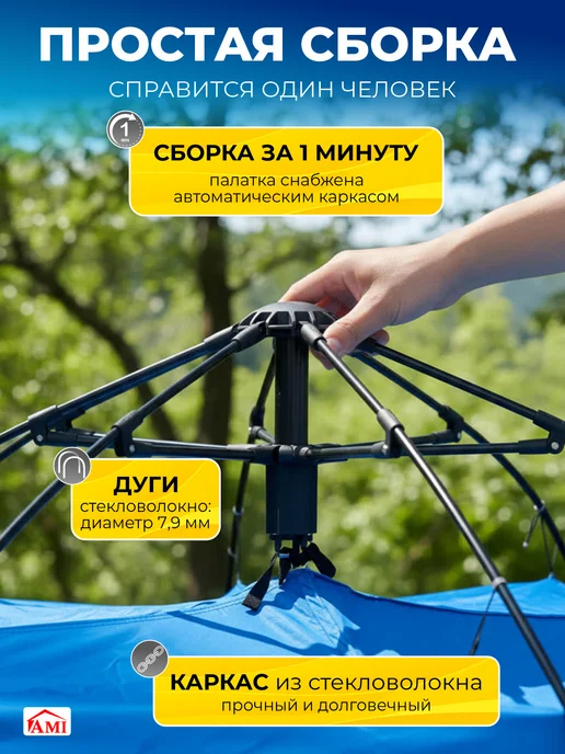 AMI Палатка туристическая 4 местная автомат для отдыха и рыбалки, голубой, фото 2