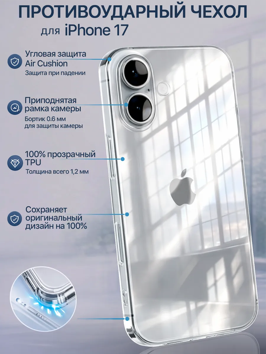 Чехол на iPhone 17 прозрачный силиконовый защита камеры