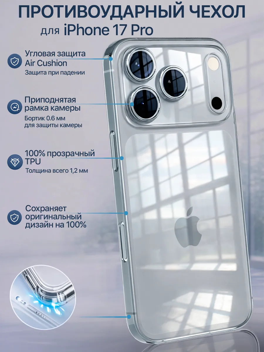 Чехол на iPhone 17 Pro прозрачный силиконовый защита камеры