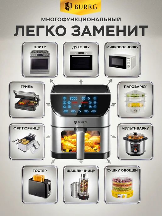 BURRG Аэрогриль 8 л с решеткой и чашей с окном и с Wi-Fi, 8 л, фото 6