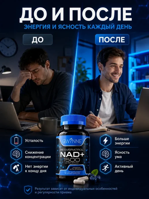 НАД⁺ PQQ NMNH 1500мг Ресвератрол98% энергия 90капс, вариант, фото 2