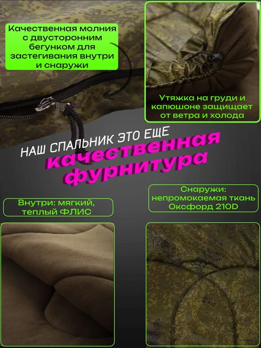 Борей Спальный мешок с капюшоном -15, зеленый, фото 5