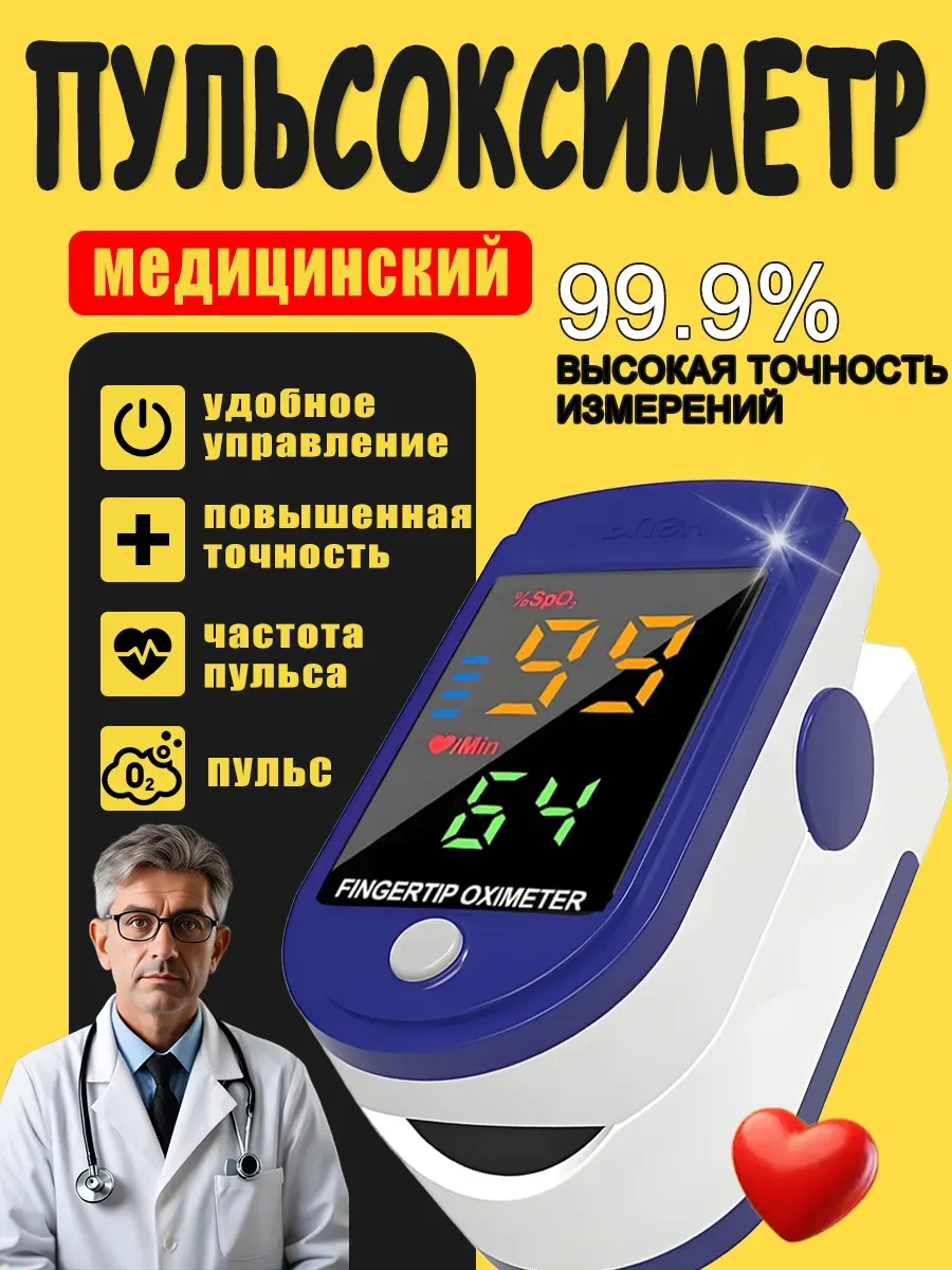 Пульсоксиметр медицинский (пульсометр оксиметр) на палец