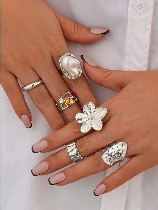 Jewelry Company&Ltd. кольца набор широкое крупное регулируемые бижутерия, белый, фото 3