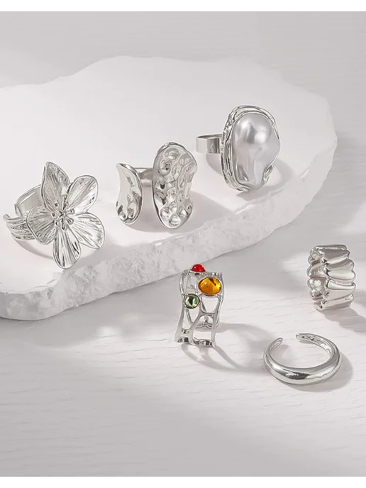Jewelry Company&Ltd. кольца набор широкое крупное регулируемые бижутерия, белый, фото 4