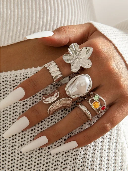 Jewelry Company&Ltd. кольца набор широкое крупное регулируемые бижутерия, белый, фото 5