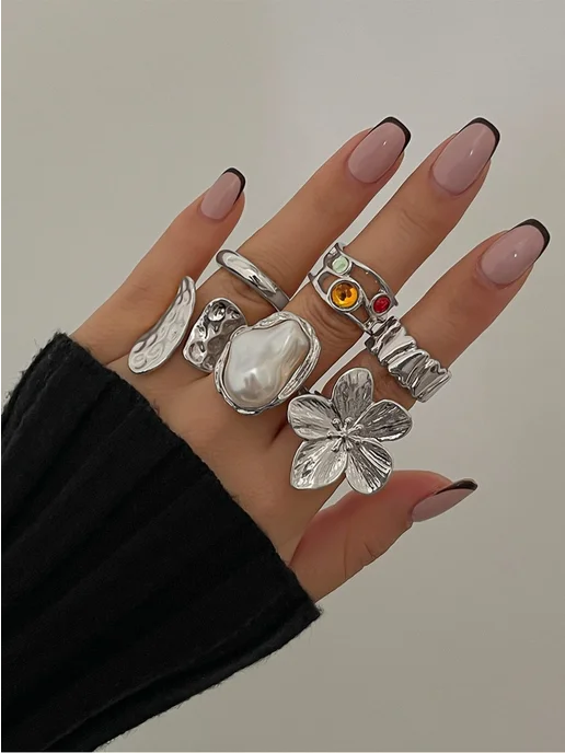 Jewelry Company&Ltd. кольца набор широкое крупное регулируемые бижутерия, белый, фото 6