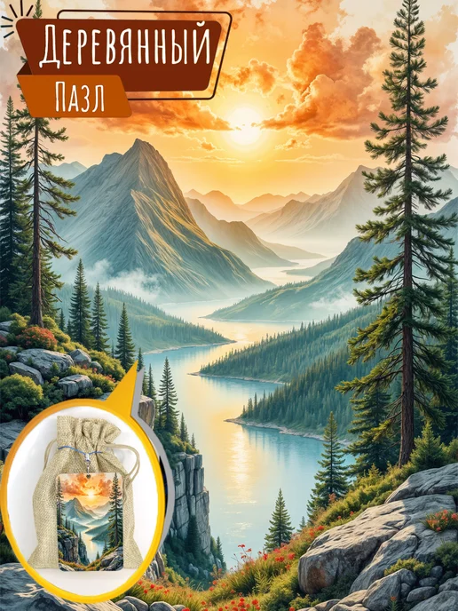 Деревянные пазлы закат, горы