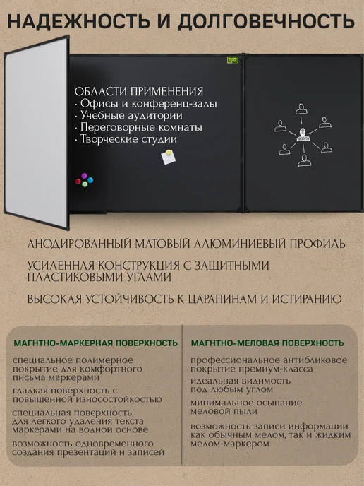 BOARD-CAPITAL Комбинированная магнитно-меловая доска 75х200 большая, 100x340, фото 4