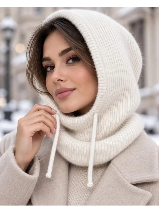 Капор капюшон зимний вязаный съемный, белый, фото 5