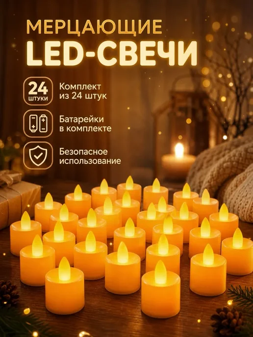 Мастерская Праздников Свечи светодиодные набор 24 шт. мерцающие на батарейках, 24 шт