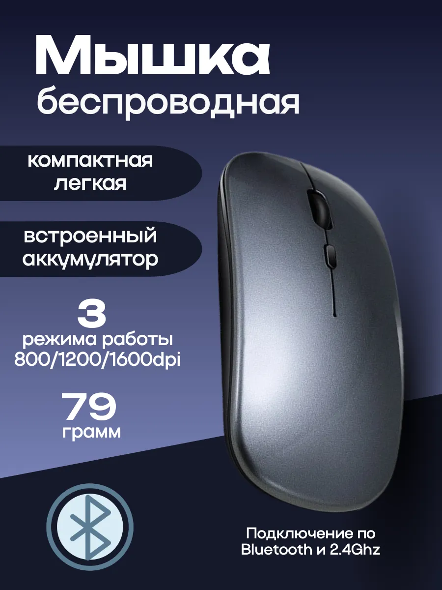 Мышка беспроводная бесшумная Wifi+Bt встроенный аккумулятор