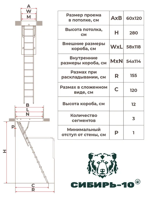 Сибирь Чердачная лестница с люком 60*120*280, 60x120, фото 2