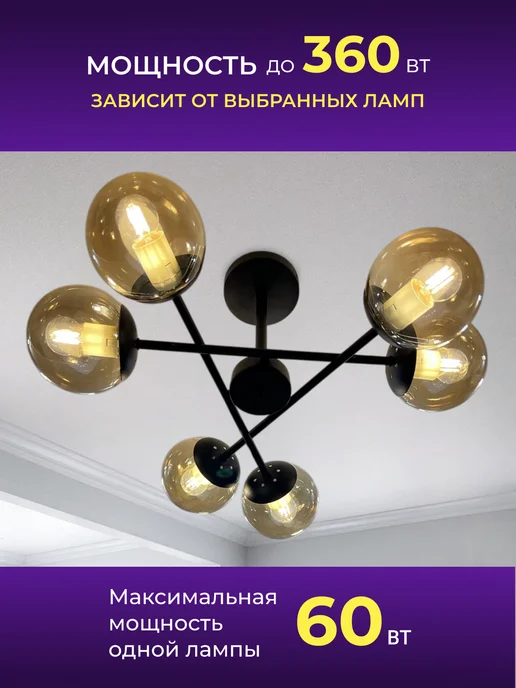 LEDCITY Люстра потолочная на кухню в спальню для зала с плафонами, черный, фото 4