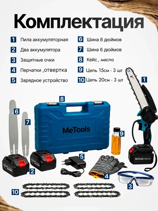 MeTools Пила аккумуляторная садовая цепная электропила 8+6 дюймов, синий, фото 4