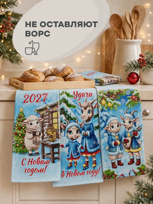 Новогодние кухонные полотенца символ 2027 года подарочный, голубой, фото 2