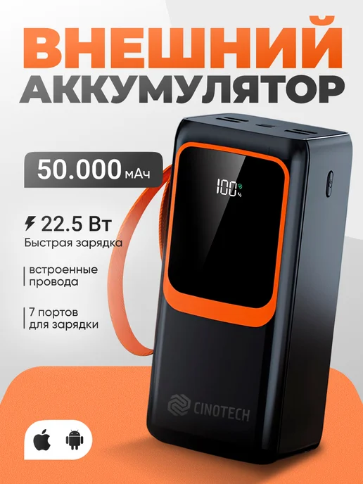 CINOTECH Внешний аккумулятор (повербанк) с быстрой зарядкой, черный