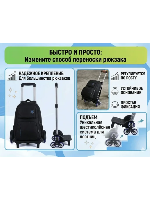 Тележка складная для рюкзака, для сумки, 6-х колесная, вариант, фото 5